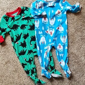 Children's Green Dinosaur and Blue Yeti Footed One-Piece Pajamas